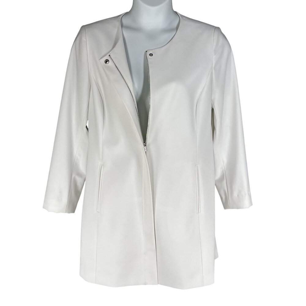 Calvin Klein NEW Women 14 White Collarless Zip Front Long Blazer Jacket Timeless